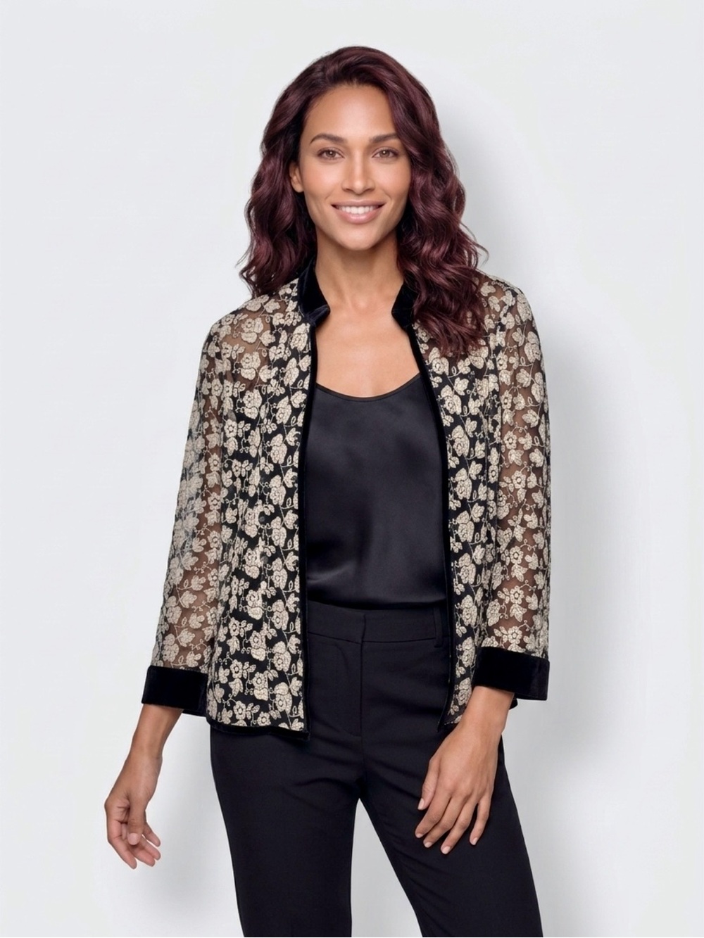 Talbots Black Sheer Floral Embroidered Jacket Velvet Trim M/L